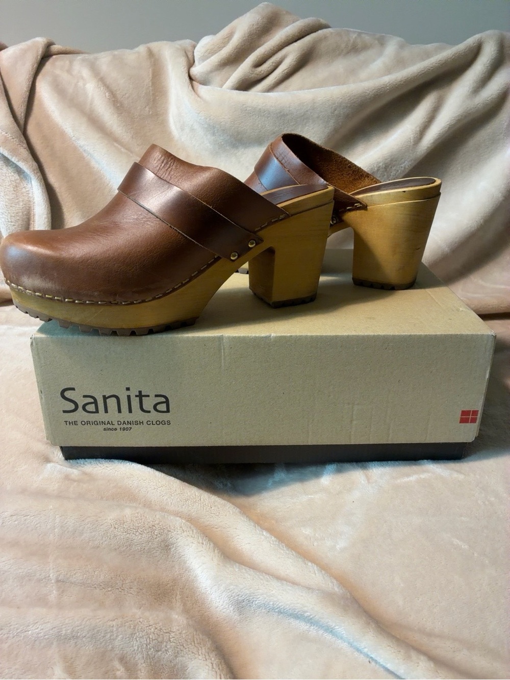 Sanita Brown Leather Wooden Heel Clogs